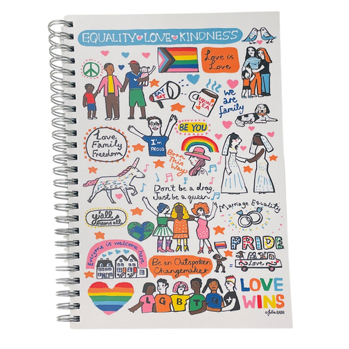 Spiral Journal cover with Equality, Love and Kindness written at the top and colurful graphics depicting the Pride community.