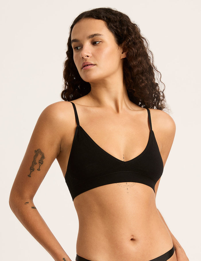 Woman wearing a black bralette against a plain background