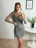 Maiori Diamante Mesh Midi Dress in Silver - Style Cheat