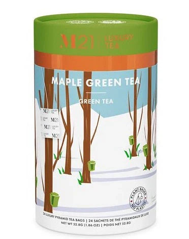 Maple Green Tea packaging with winter scene illustration on a white background