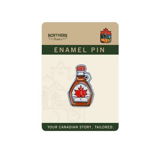 Enamel pin with maple syrup design on a Northern Icons branded card