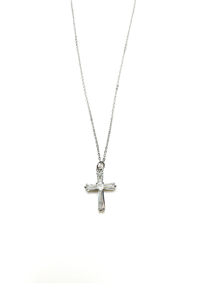Marie Cross Necklace in silver with baguette-style crystal pendant from Ardor Boutique