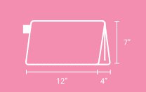 Line drawing showing dimensions of bag, 12" long, gusset 4", height 7".
