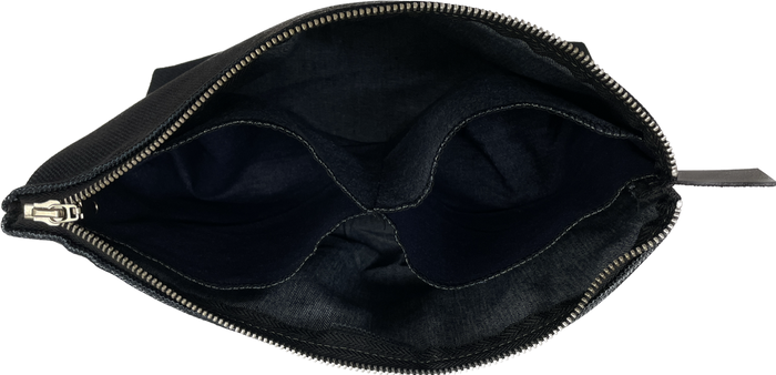 Unzipped bag showing inside compartments.