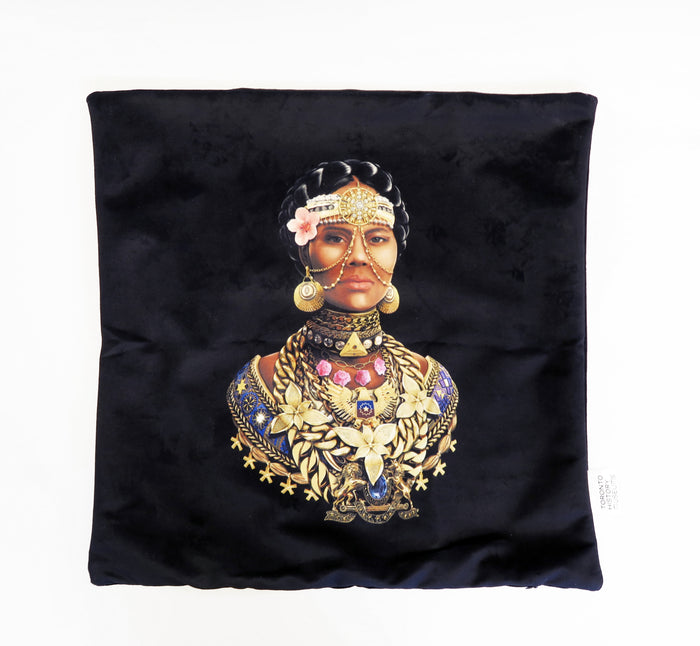 Front of velvet pillow featuring an Afrofuturistic portrait of Mary Ann Shadd Cary.