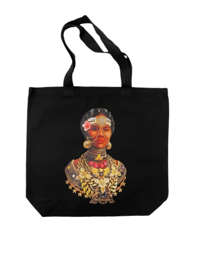 Black tote bag with an image of Mary Ann Shadd Cary done by Yung Yemi