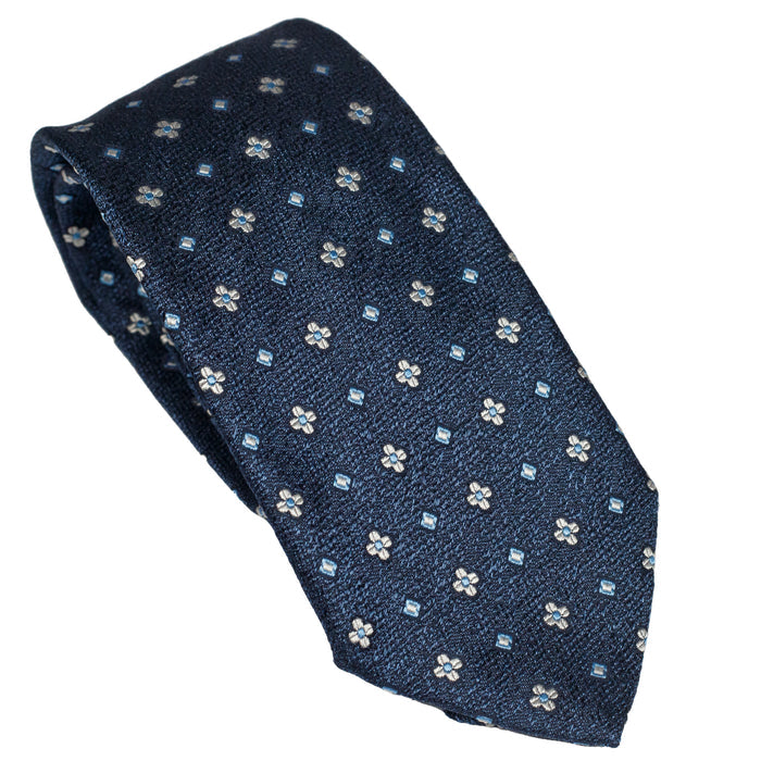 Midnight Blue 100% Italian Silk Tie With Micro Blue Floral Pattern