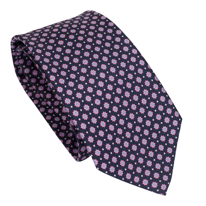 Midnight Blue 100% Italian Silk Tie With Pink Floral Pattern
