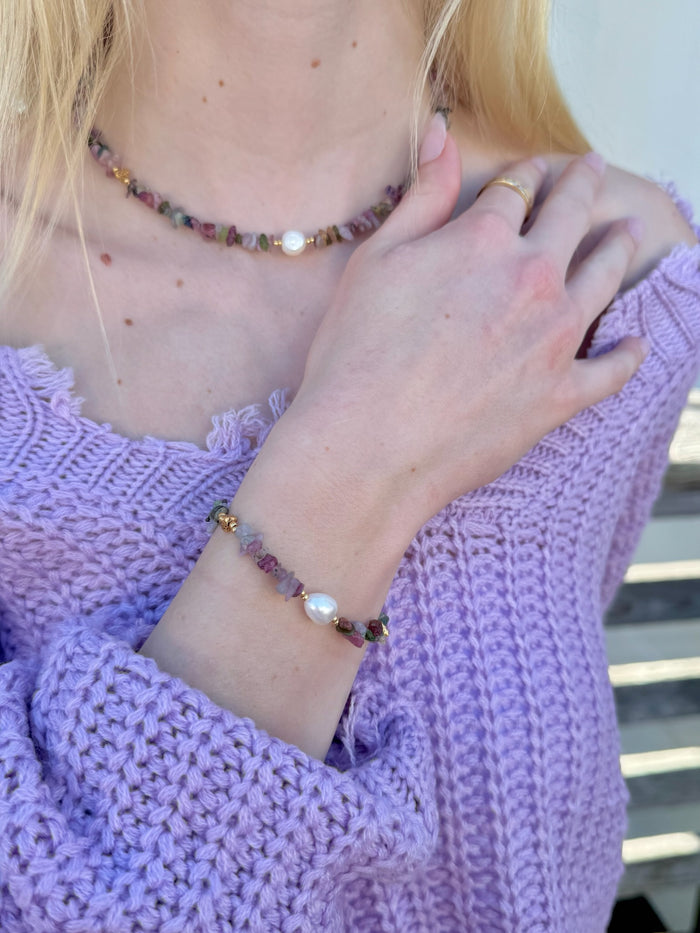 Mira Tourmaline & Pearl Bracelet and Necklace styled on model with lavender sweater
