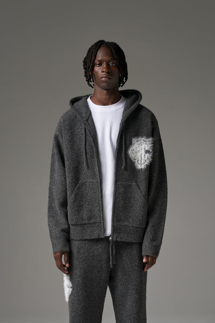 MONOGRAM FLUFFY KNIT ZIP THROUGH HOODIE - CHARCOAL