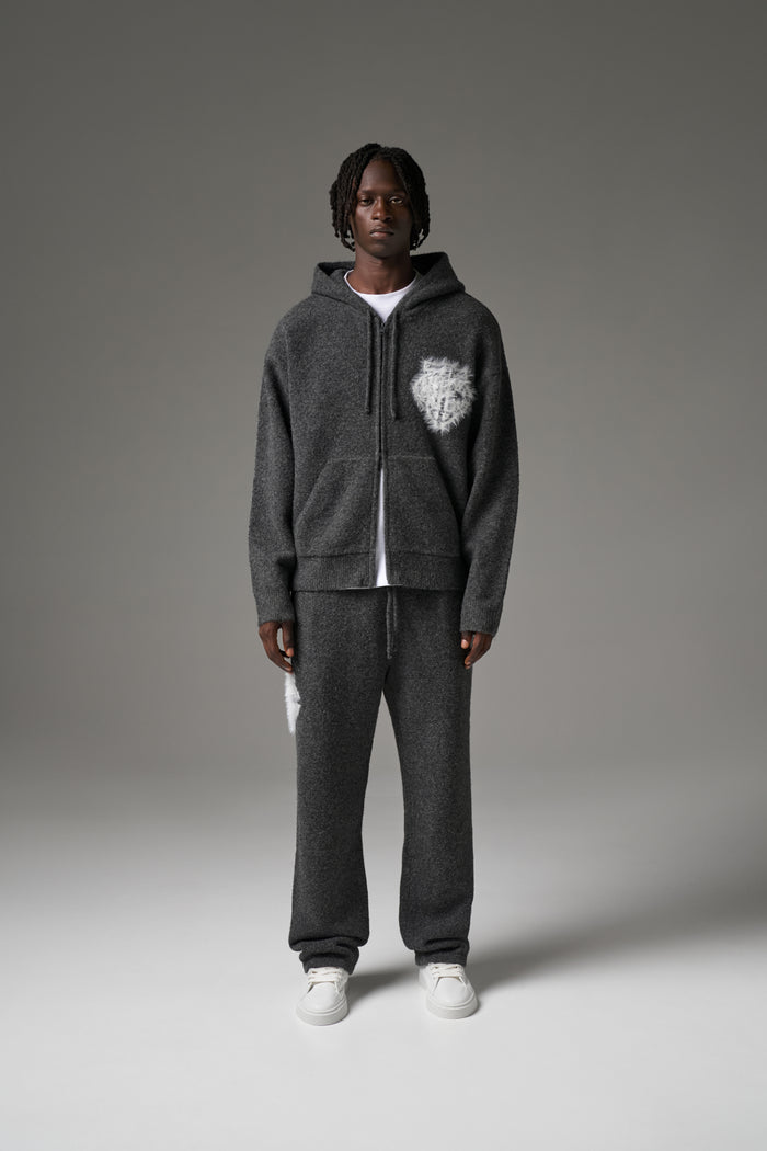 MONOGRAM FLUFFY KNIT ZIP THROUGH HOODIE - CHARCOAL