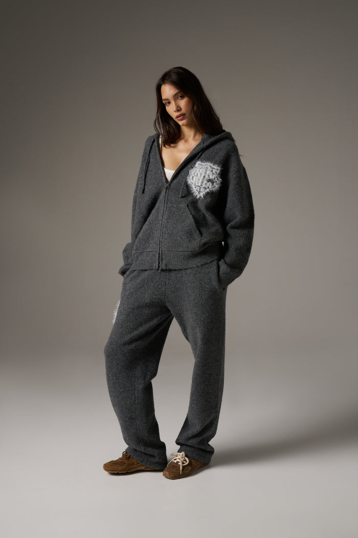 MONOGRAM FLUFFY KNIT ZIP THROUGH HOODIE - CHARCOAL