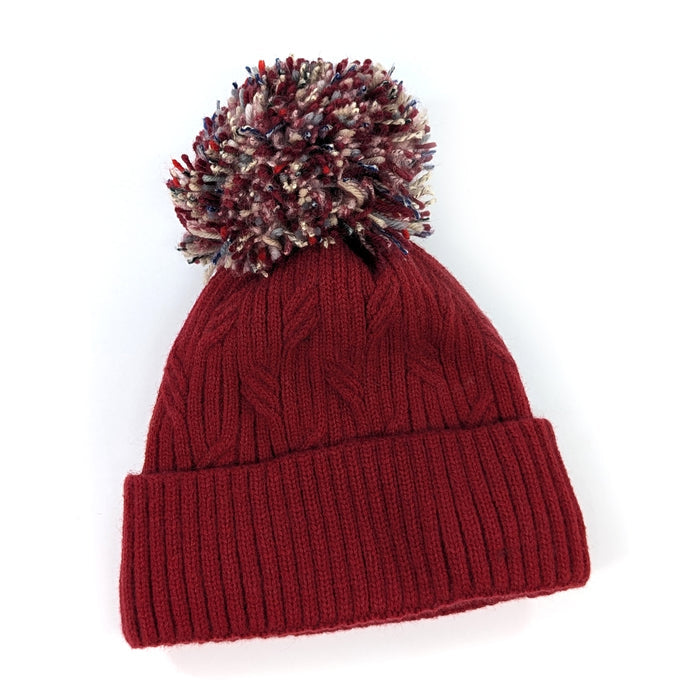 Multicoloured PomPom Knitted Hat - Dark Red