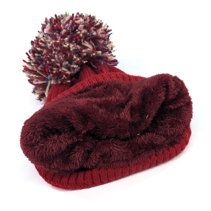 Multicoloured PomPom Knitted Hat - Dark Red
