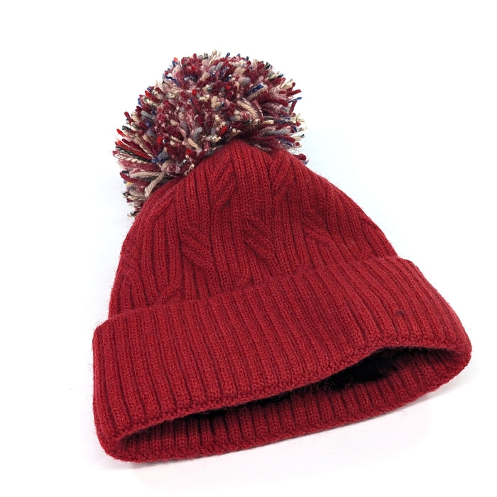 Multicoloured PomPom Knitted Hat - Dark Red