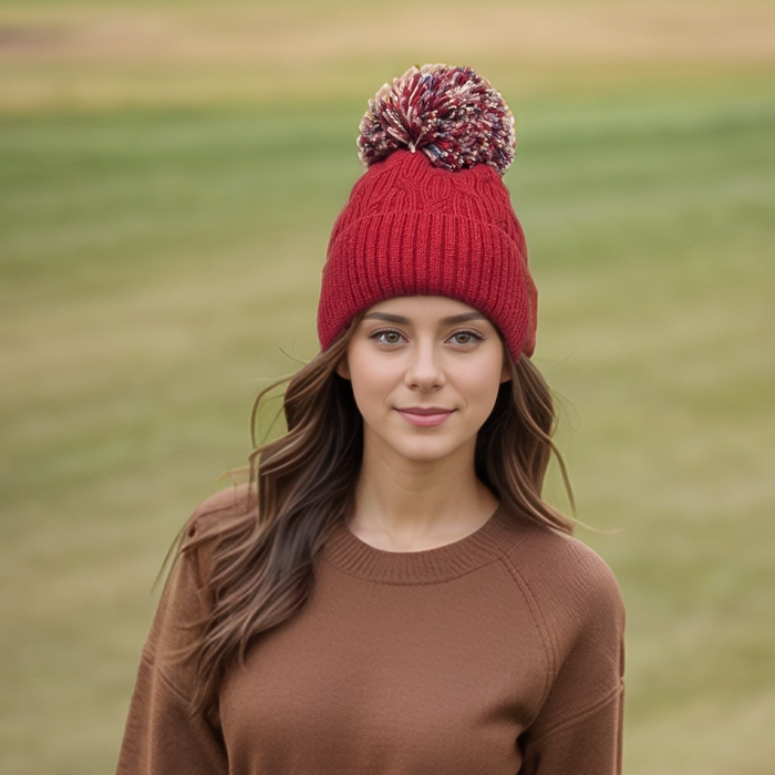 Multicoloured PomPom Knitted Hat - Dark Red