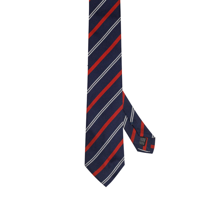 Navy 100% Italian Silk Tie With Red and Ivory Stripes