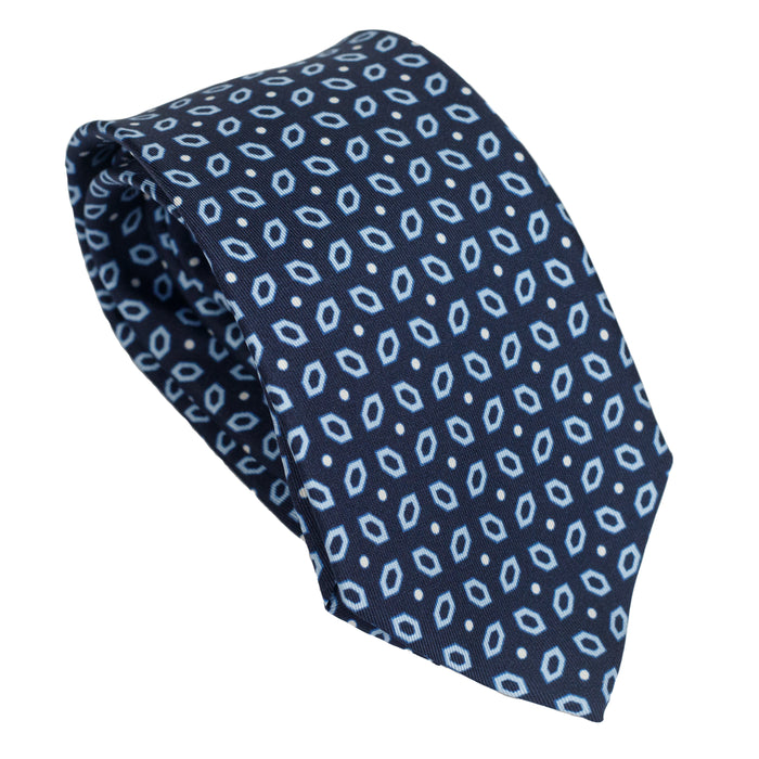 Navy Blue 100% Italian Silk Tie With Bold Light Blue Pattern