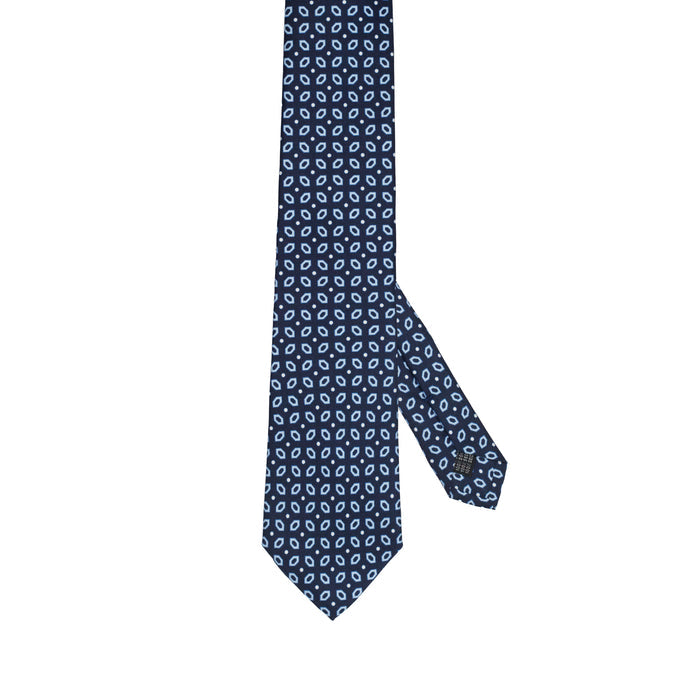 Navy Blue 100% Italian Silk Tie With Bold Light Blue Pattern