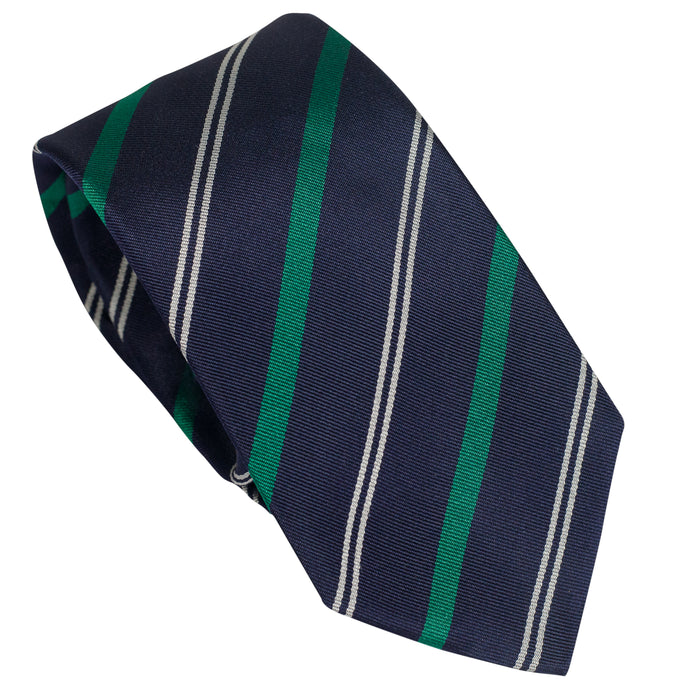 Navy Blue 100% Italian Silk Tie With Green Regimental Stripes