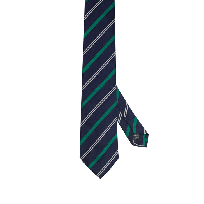Navy Blue 100% Italian Silk Tie With Green Regimental Stripes