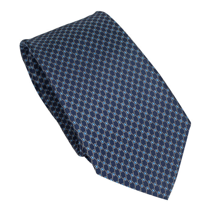 Navy Blue 100% Italian Silk Tie With Micro Geometric Light Blue Pattern