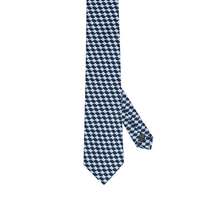 Navy Blue 100% Italian Silk Tie with Optical Fish Pattern