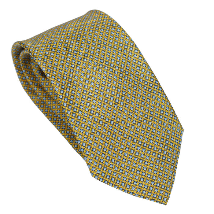 Ochre Yellow Pure 100% Italian Silk Tie with Micro Floral Blue Pattern