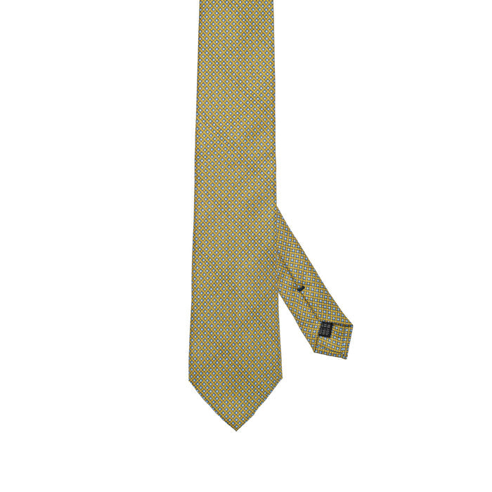 Ochre Yellow Pure 100% Italian Silk Tie with Micro Floral Blue Pattern