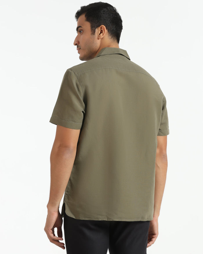 Olive Linen Half Sleeve Solid Shirt - Maison