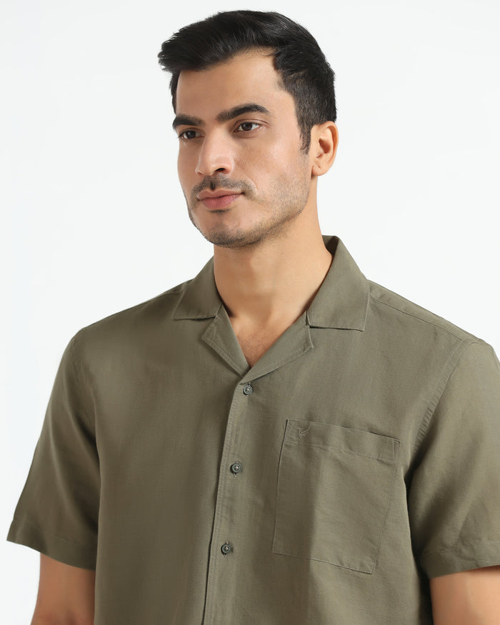 Olive Linen Half Sleeve Solid Shirt - Maison