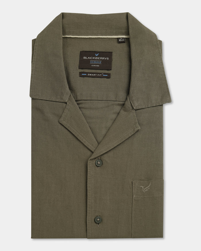 Olive Linen Half Sleeve Solid Shirt - Maison