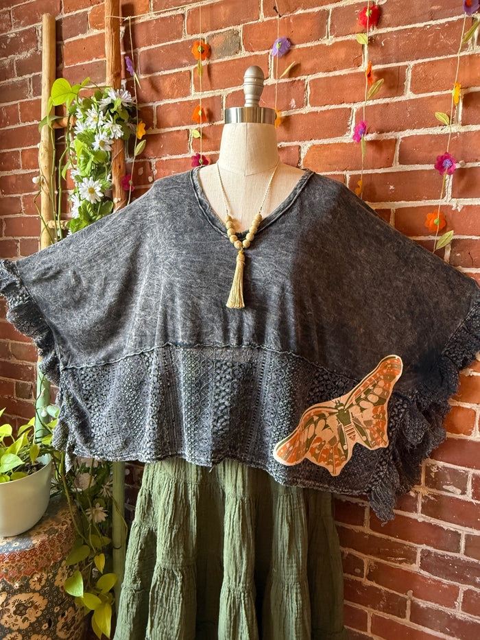 OOAK Summer Collection - Upcycled Luna Butterfly Flowy Trapeze Style Top 🦋 Charcoal