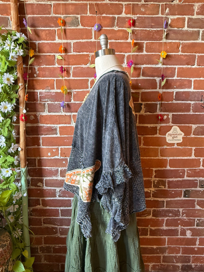 OOAK Summer Collection - Upcycled Luna Butterfly Flowy Trapeze Style Top 🦋 Charcoal