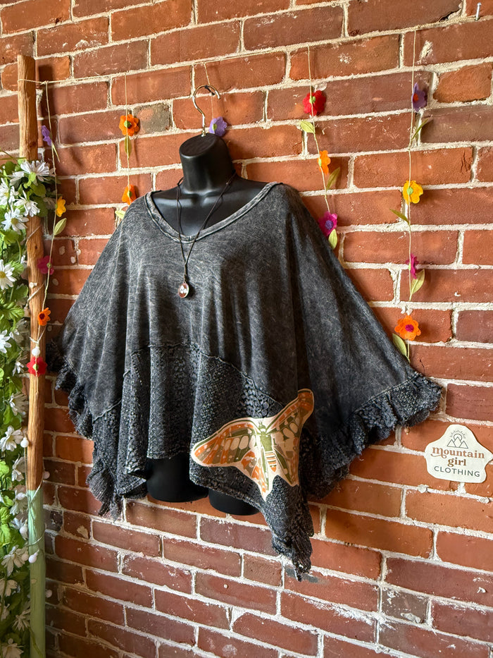 OOAK Summer Collection - Upcycled Luna Butterfly Flowy Trapeze Style Top 🦋 Charcoal