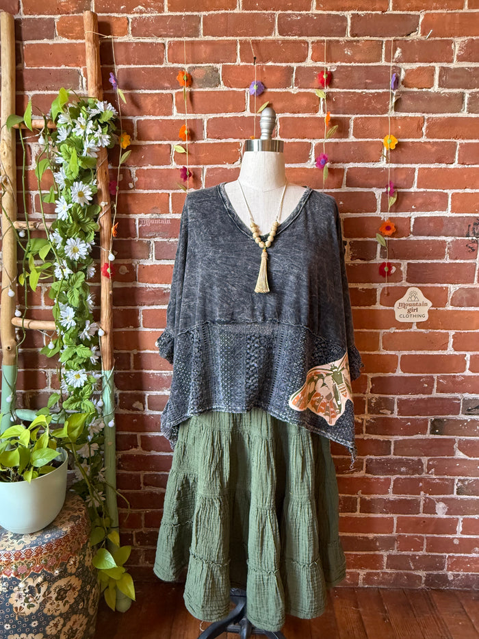 OOAK Summer Collection - Upcycled Luna Butterfly Flowy Trapeze Style Top 🦋 Charcoal