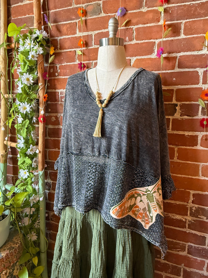 OOAK Summer Collection - Upcycled Luna Butterfly Flowy Trapeze Style Top 🦋 Charcoal