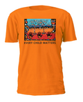 An orange short-sleeve crewneck t-shirt featuring a colorful graphic print on the chest with the text 'EVERY CHILD MATTERS' underneath, set against a plain white background.