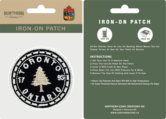 Iron-on patch packaging with instructions and brand information.
