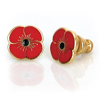 Red poppy flower earrings with gold accents on a white background