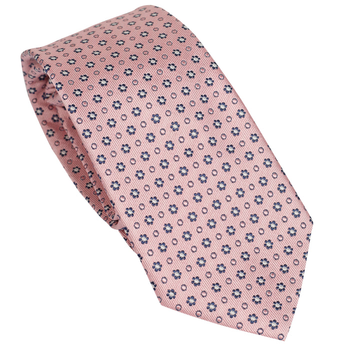 Powder Pink 100% Italian Silk Tie With Micro Blue Floral Pattern