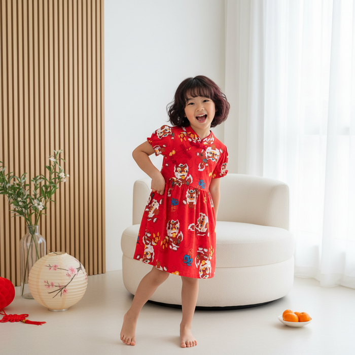 Ready Stock Festive Red Lion Dance Girl Cheongsam Dress Baby Kids CNY Outfit Singapore - Little Kooma