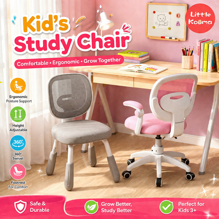 Ready Stock Kids Ergonomic Study Chair Height Adjustable 360° Swivel With Without Wheels Footrest - Little Kooma
