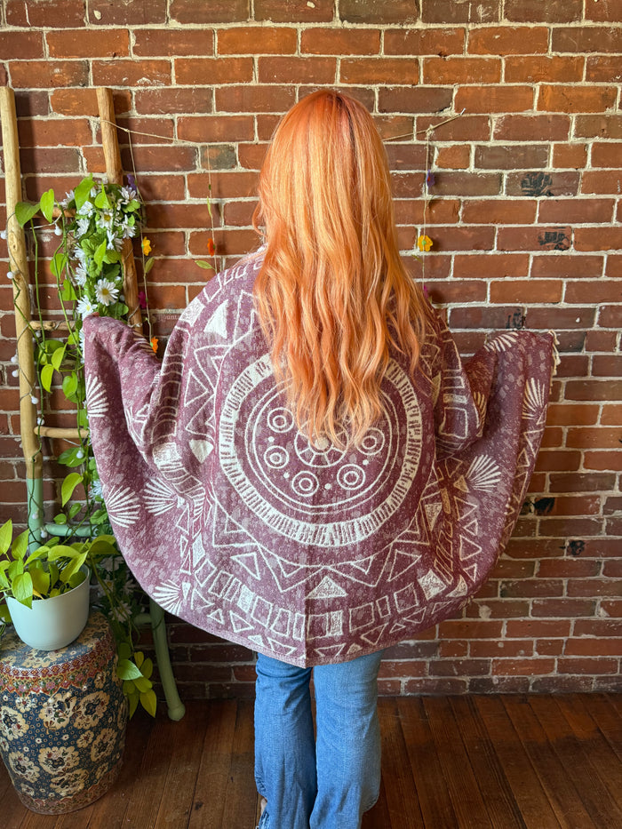 Red Sky Fringe Cocoon Shawl Reversible Kimono - 100% Cotton