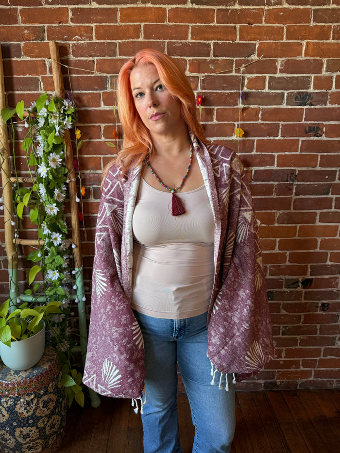Red Sky Fringe Cocoon Shawl Reversible Kimono - 100% Cotton