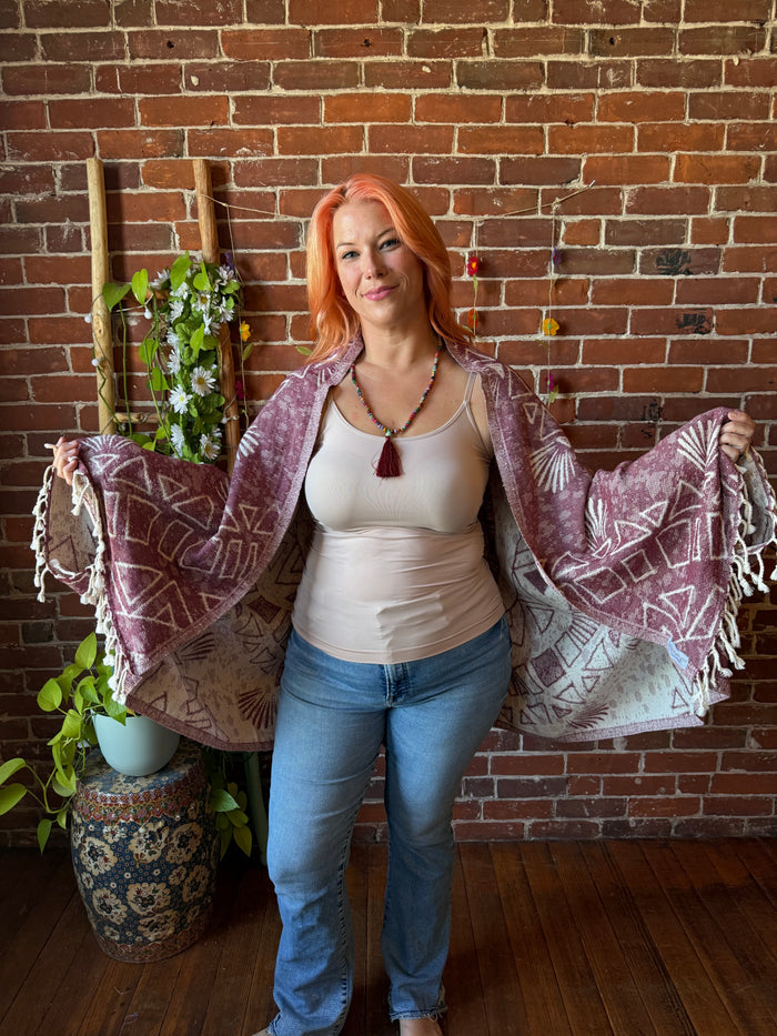 Red Sky Fringe Cocoon Shawl Reversible Kimono - 100% Cotton