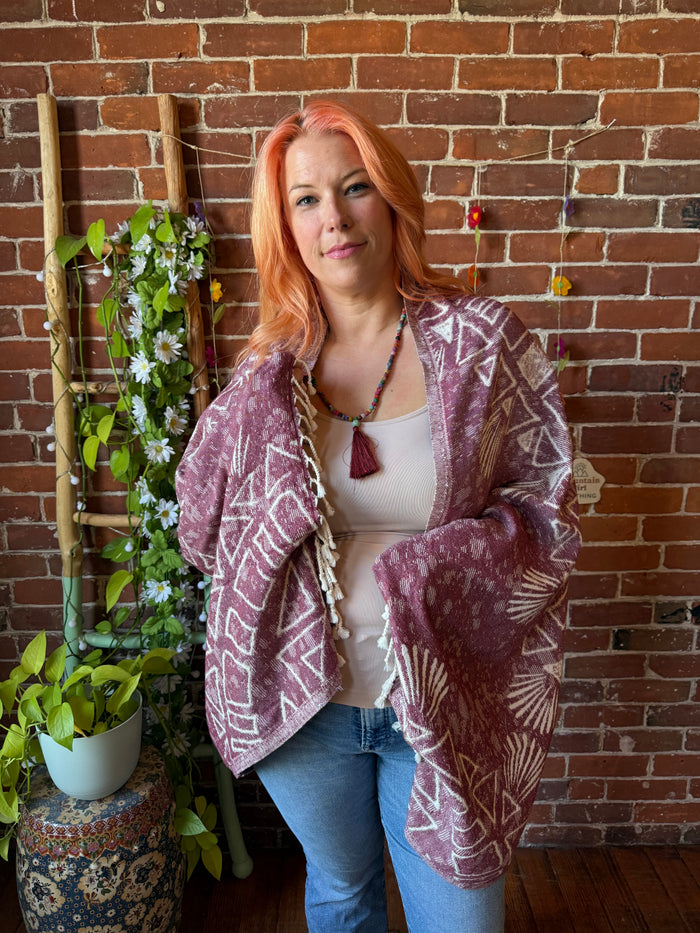 Red Sky Fringe Cocoon Shawl Reversible Kimono - 100% Cotton