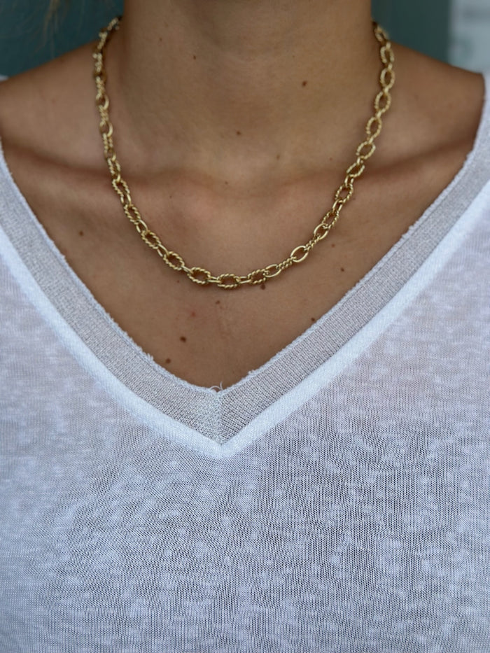 Gold chain necklace worn by a person with a white shirt