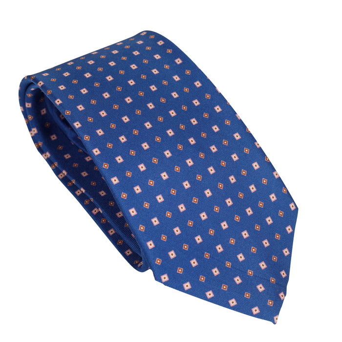 Royal Blue 100% Italian Silk Tie With Geometric Pink Square Pattern