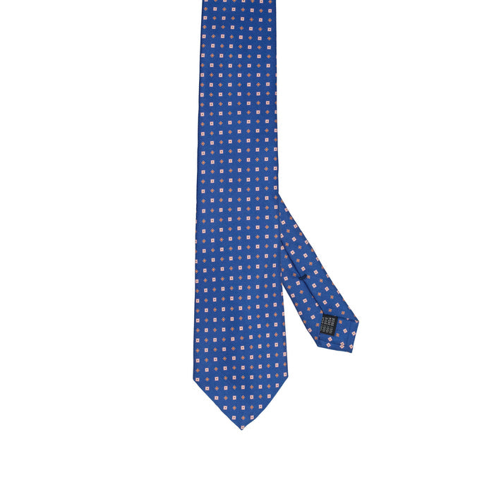 Royal Blue 100% Italian Silk Tie With Geometric Pink Square Pattern
